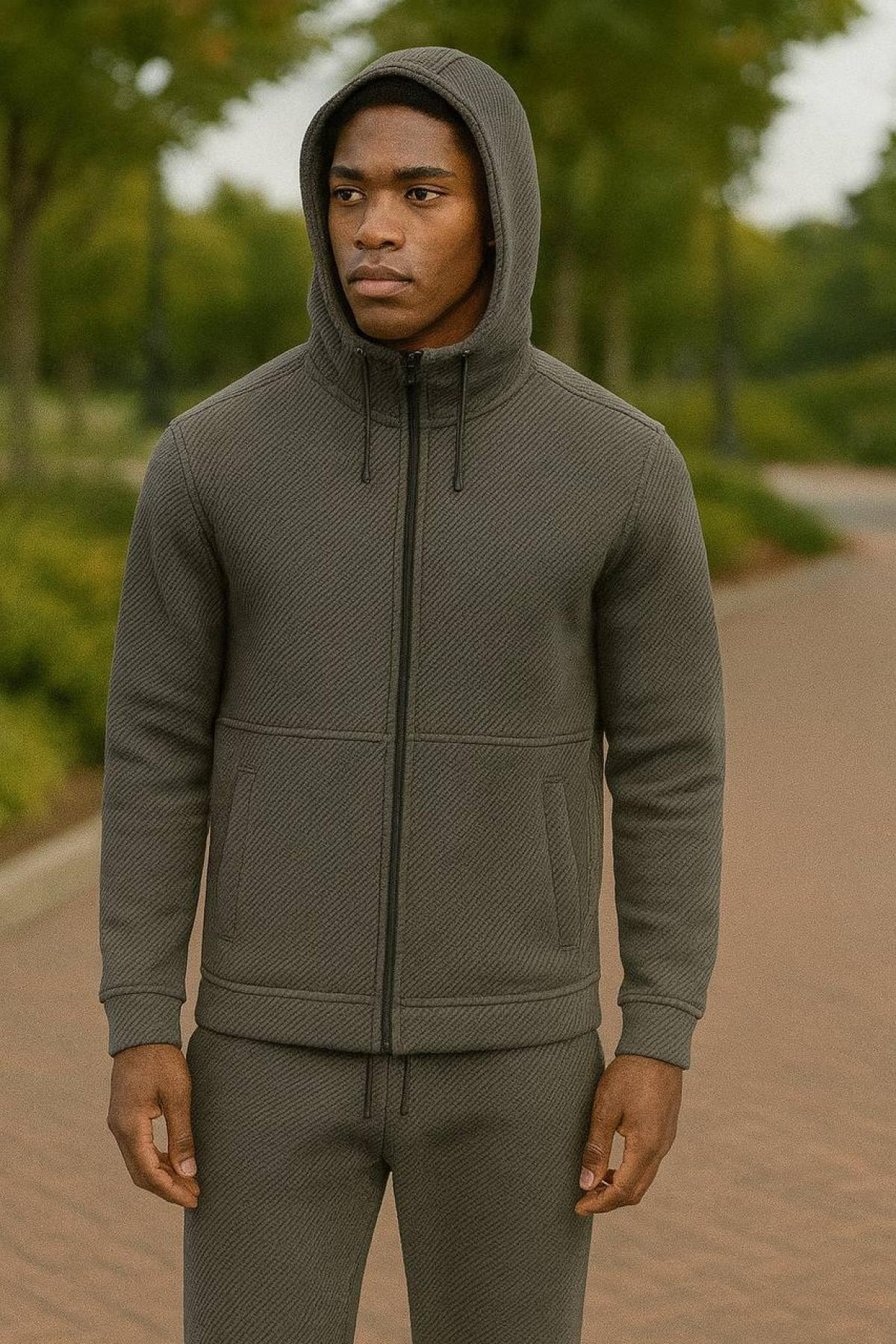 Wholesale Men Dark Green Zip-Up Tracksuit Set 738247