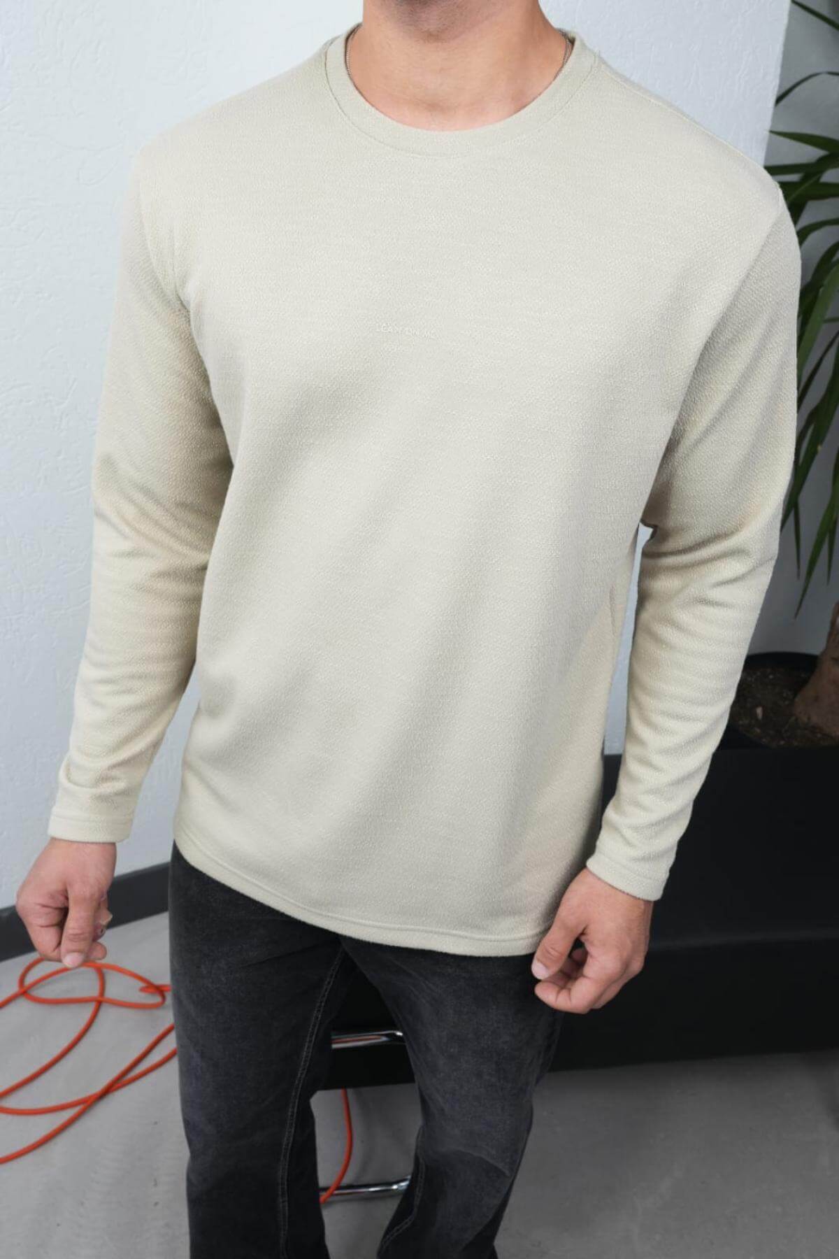 Wholesale Men Ecru Crew-Neck Sweatshirt 738115