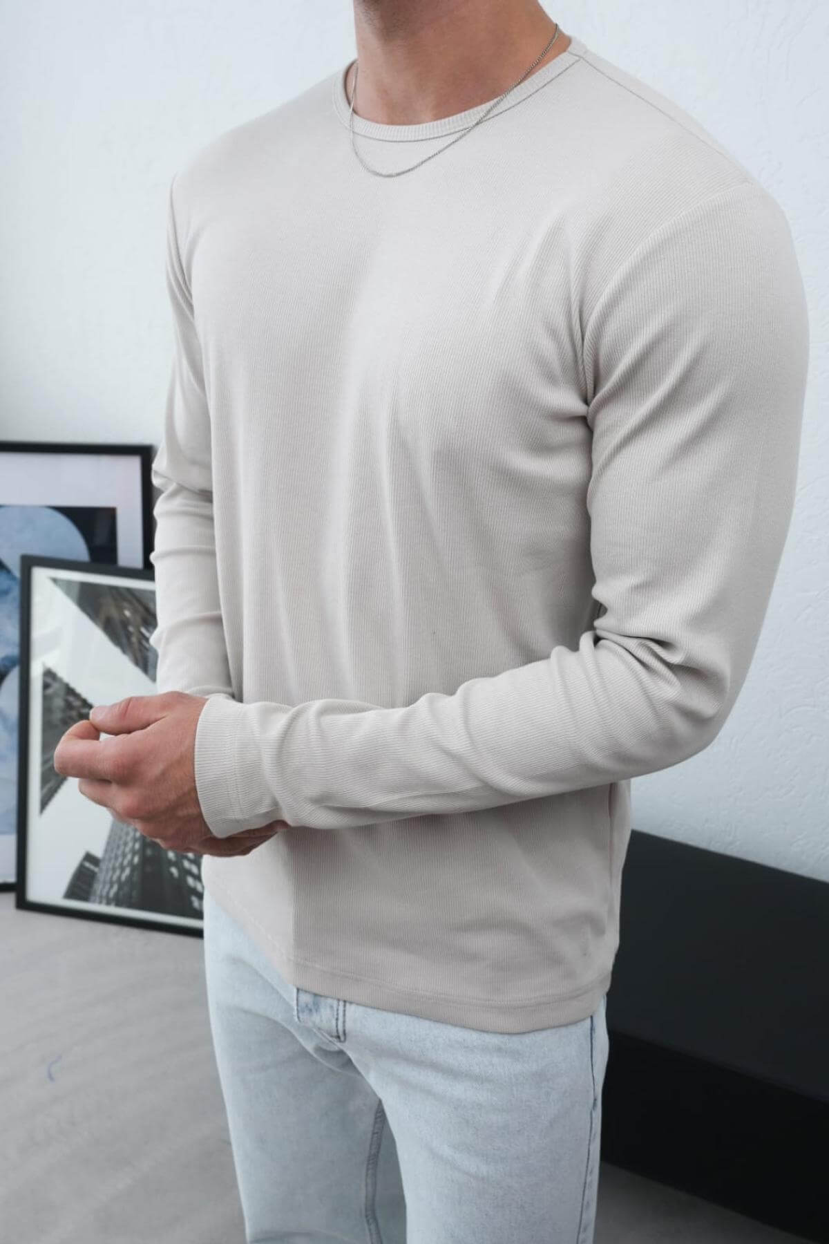 Wholesale Men Ecru Crew-Neck Sweatshirt 738112