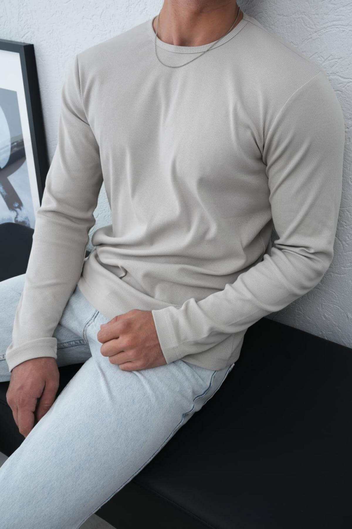 Wholesale Men Ecru Crew-Neck Sweatshirt 738112