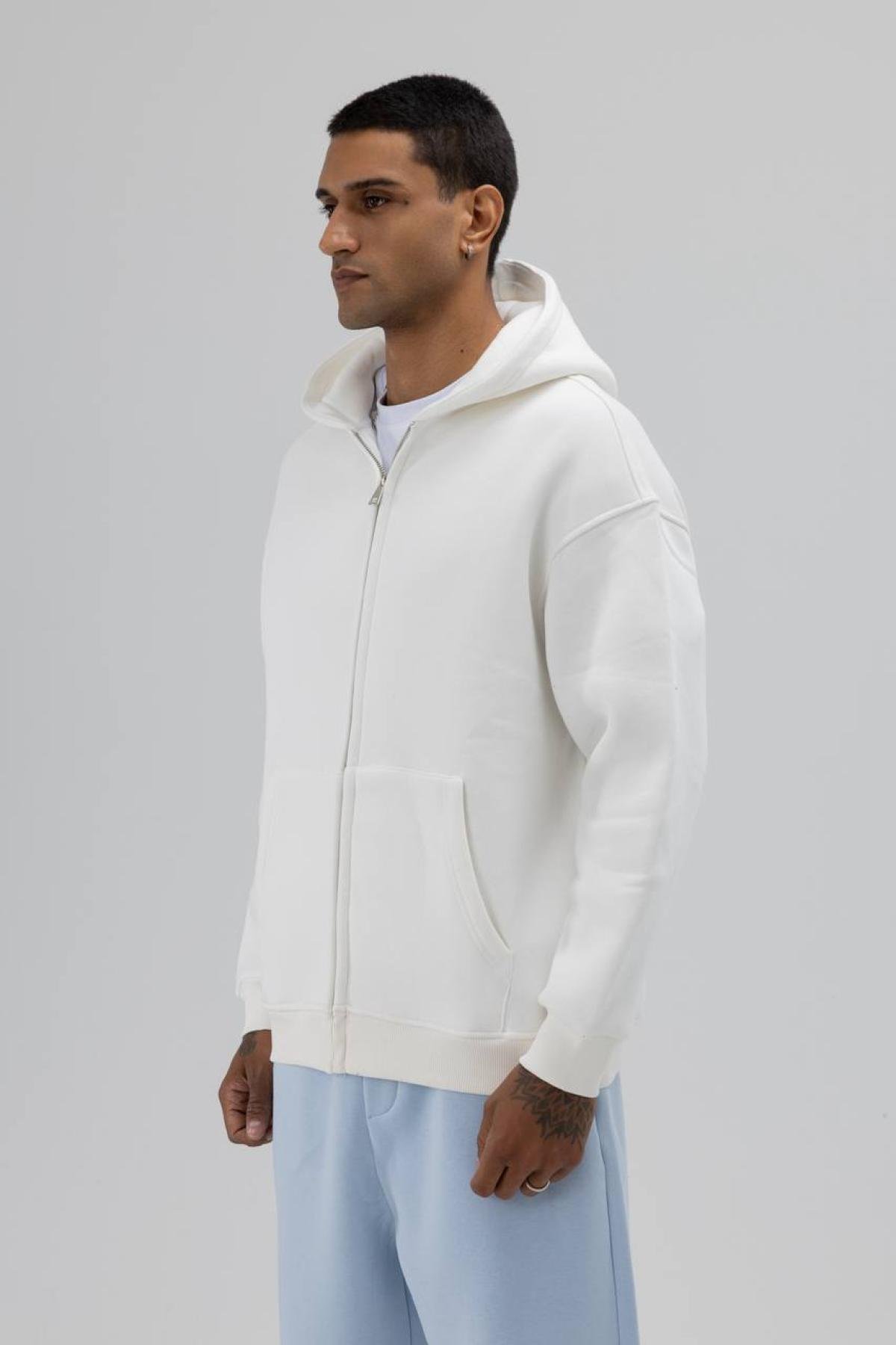 Wholesale Men Ecru Zip-Up Hoodie 739105