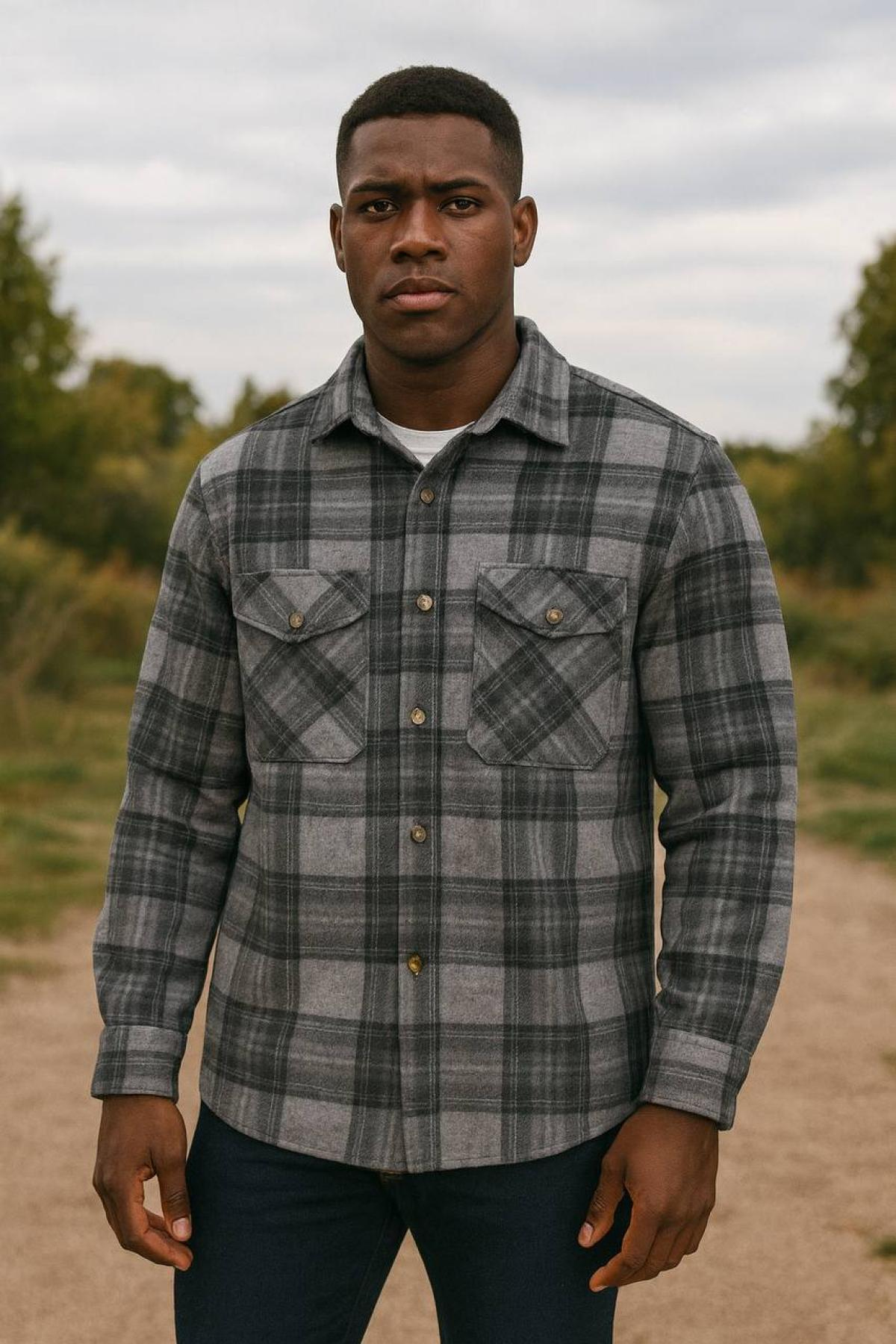 Wholesale Men Gray Plaid Shirt 738252