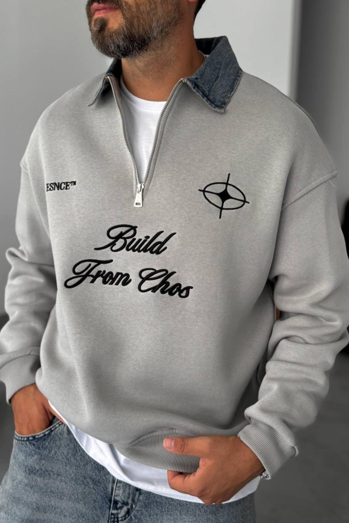 Wholesale Men Gray Printed Zip-Up Detailed Sweatshirt 739121