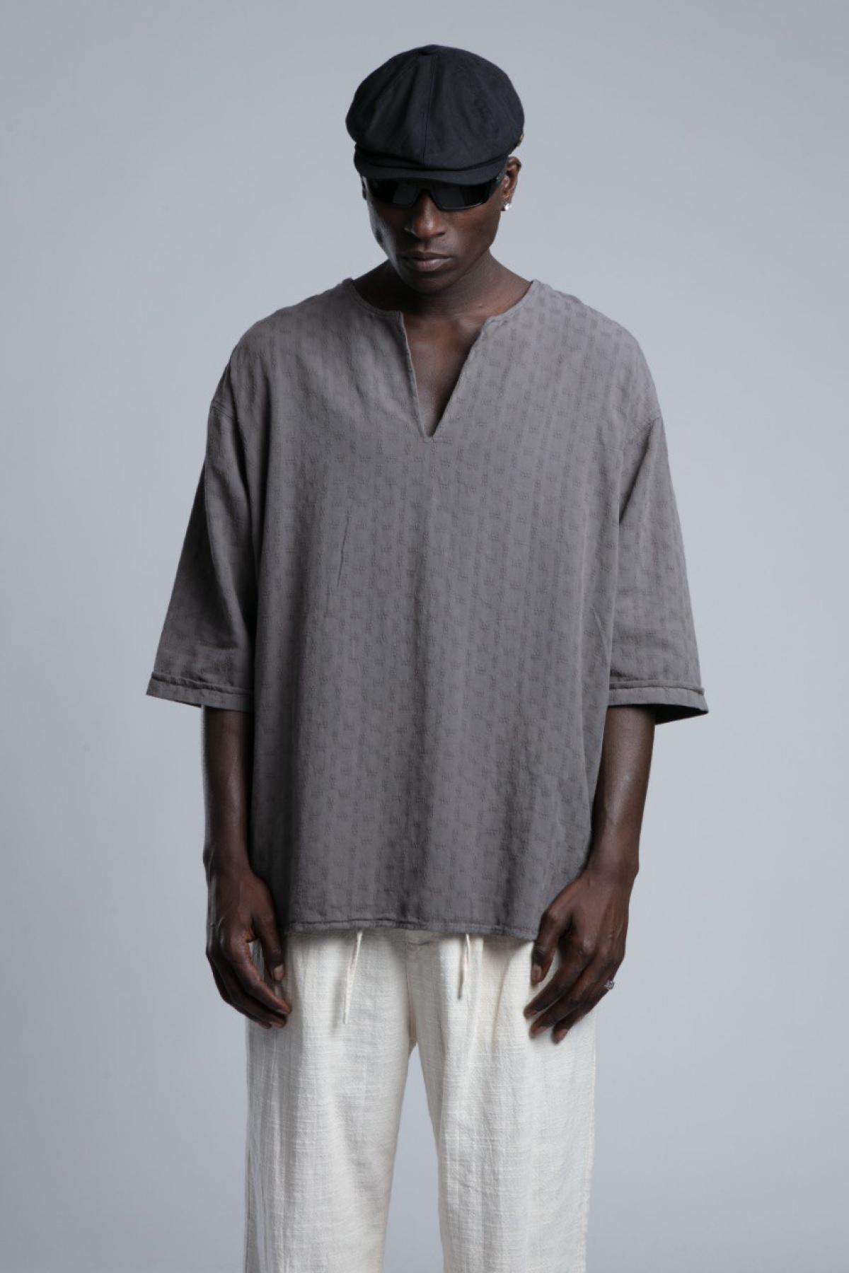 Wholesale Men Gray Short Sleeve Linen Shirt 730440