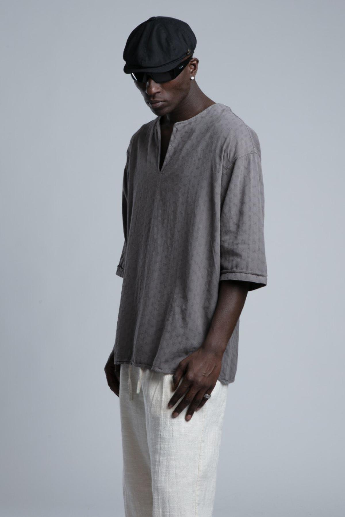 Wholesale Men Gray Short Sleeve Linen Shirt 730440