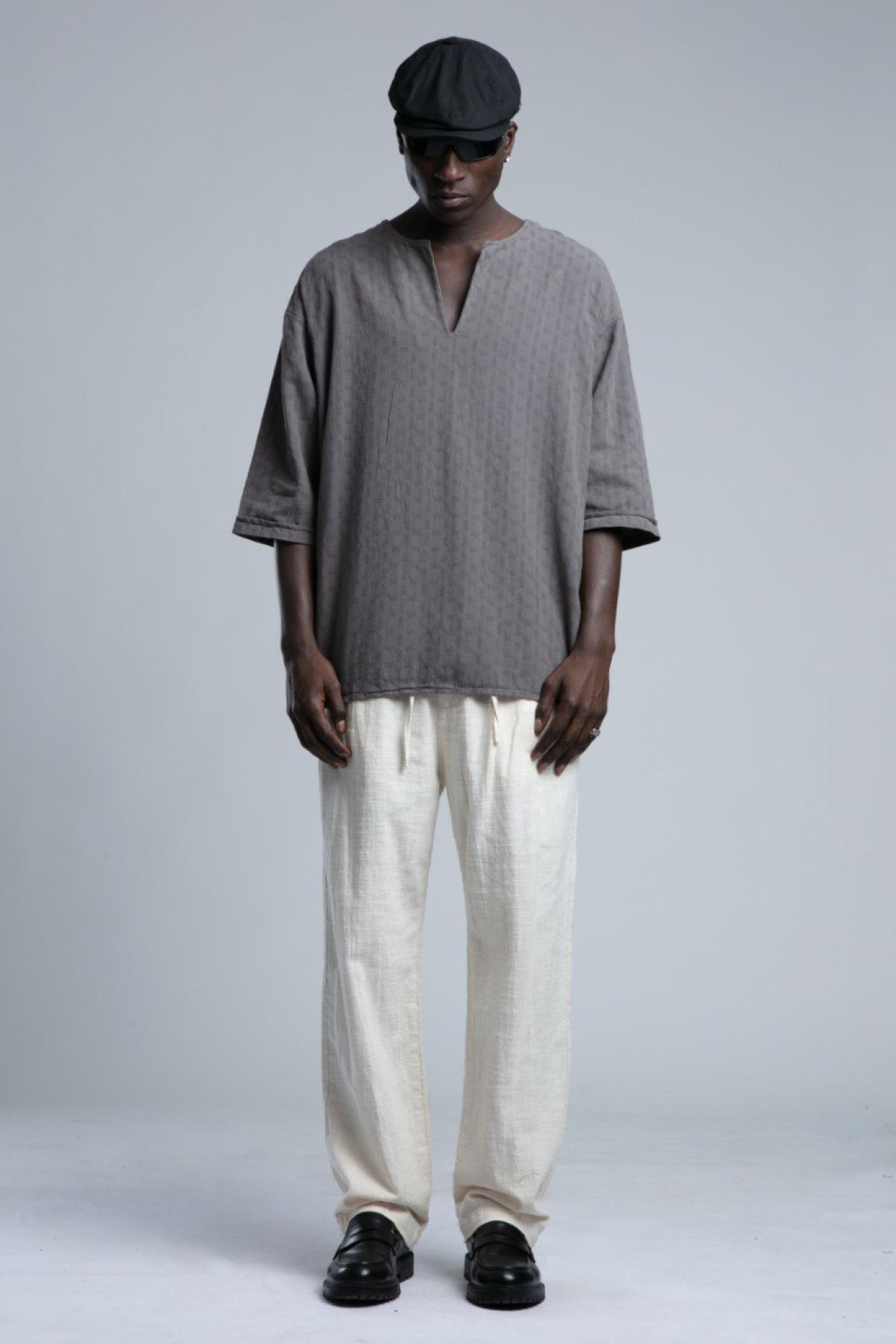Wholesale Men Gray Short Sleeve Linen Shirt 730440