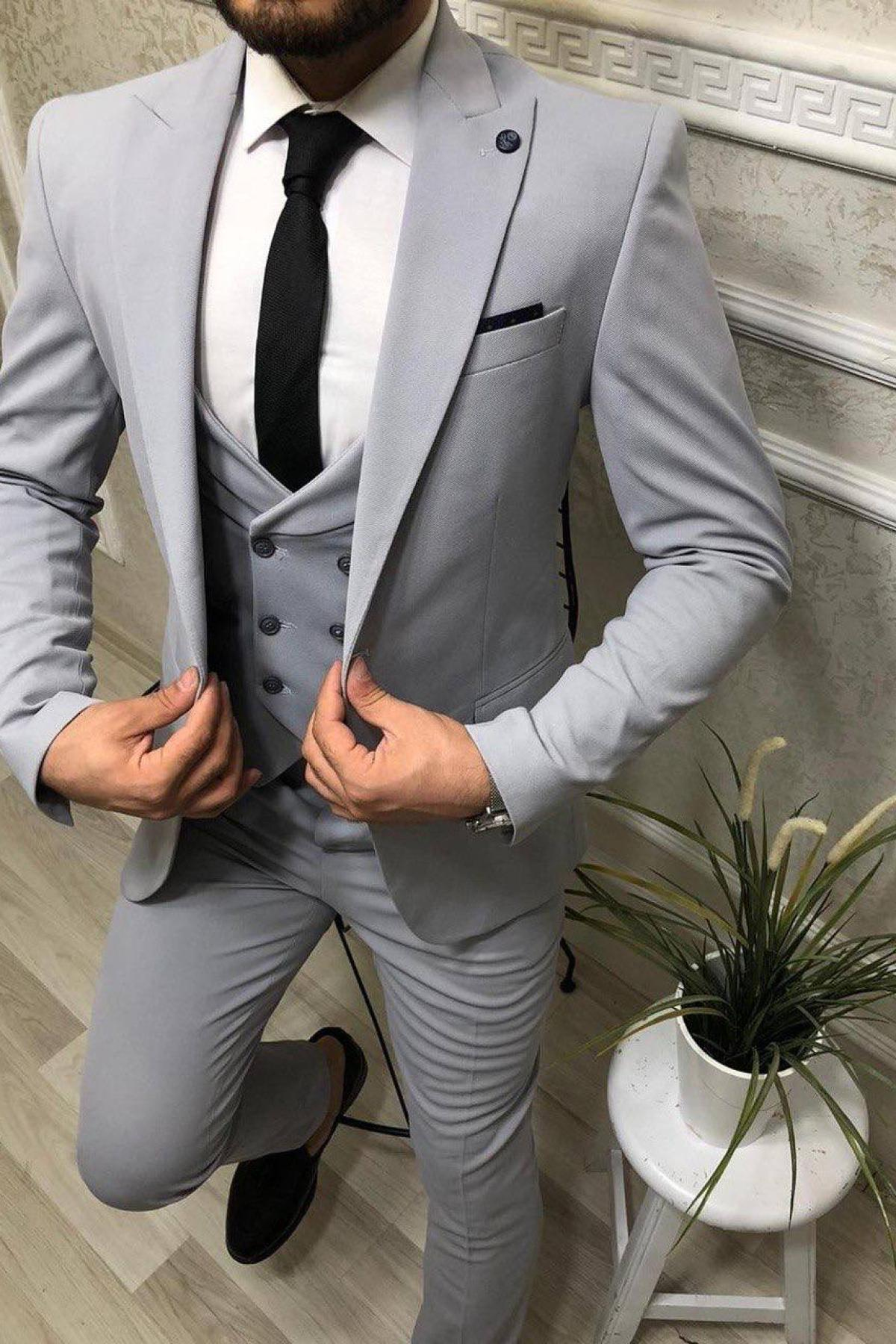 Wholesale Men Gray Three Piece Suits Blazer Vest and Trousers 714577