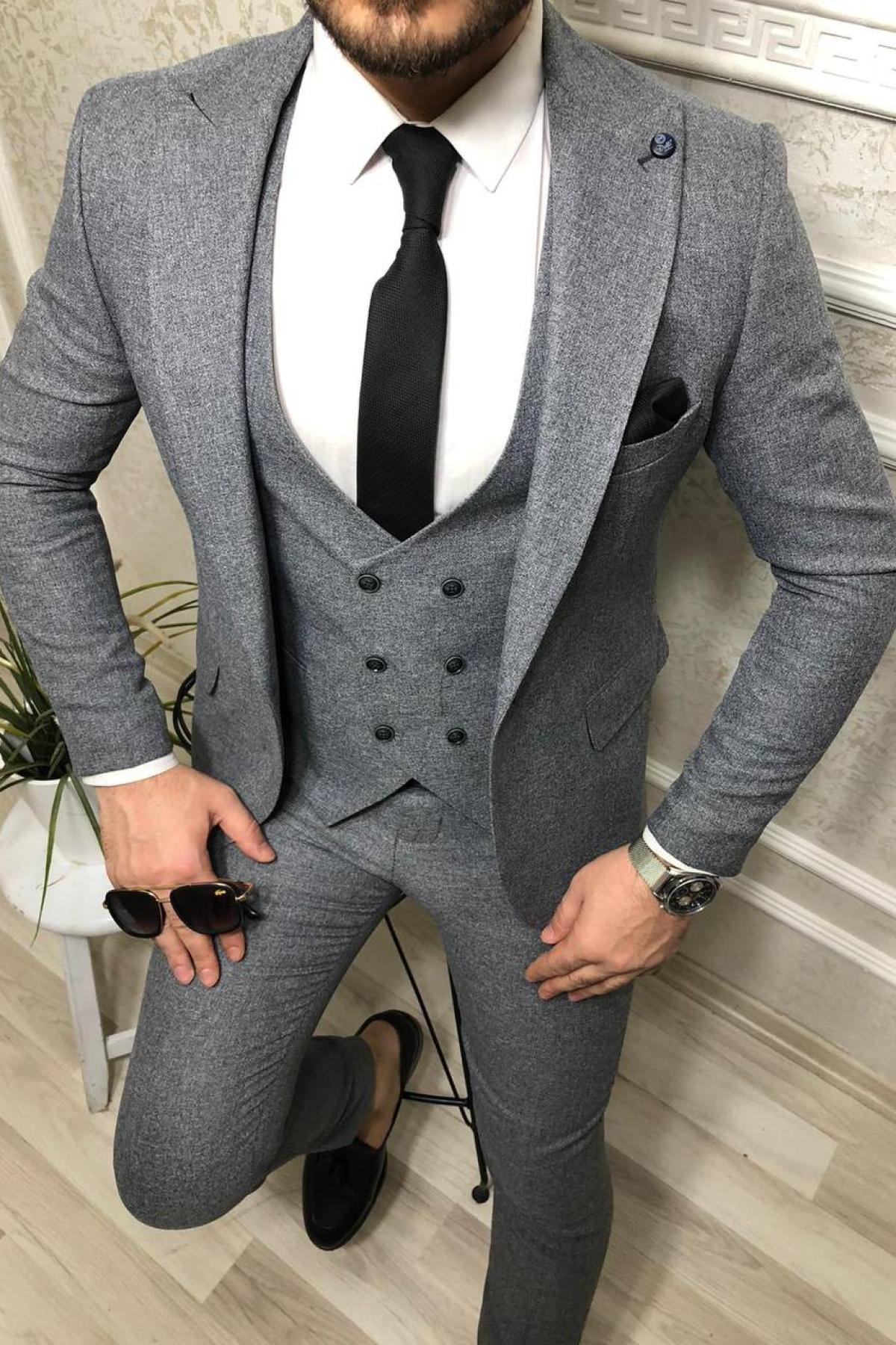 Wholesale Men Gray Three Piece Suits Blazer Vest and Trousers 708571