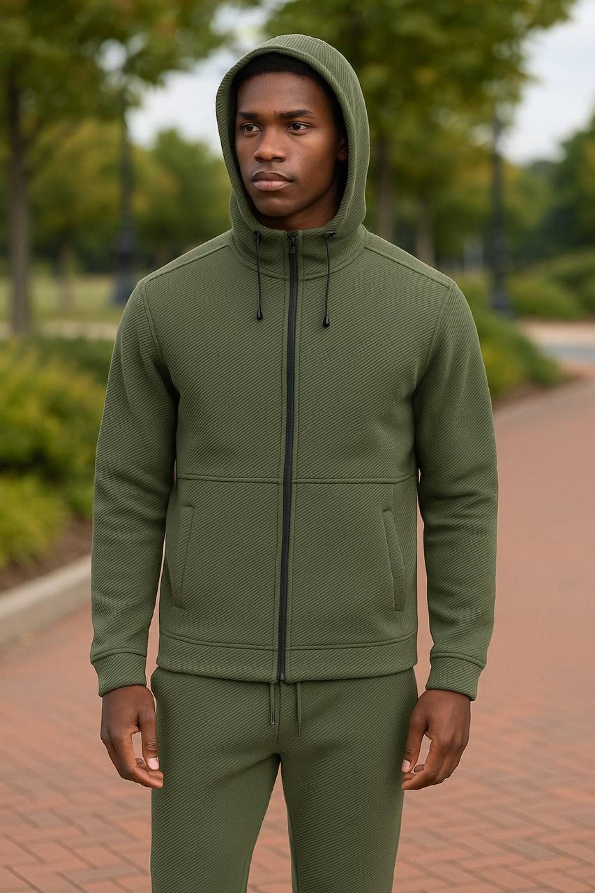 Wholesale Men Green Zip-Up Tracksuit Set 738245