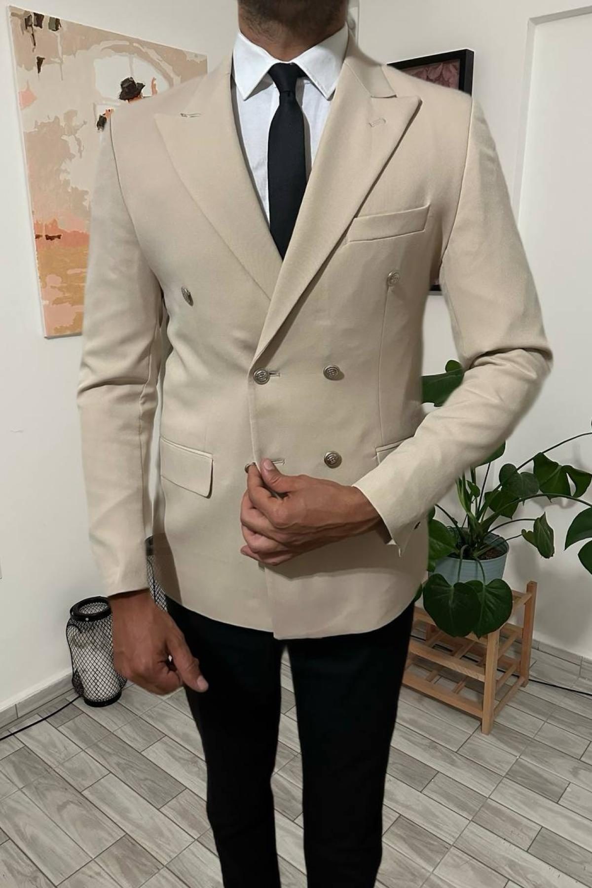 Wholesale Men Light Beige Double Breasted Blazers 708987