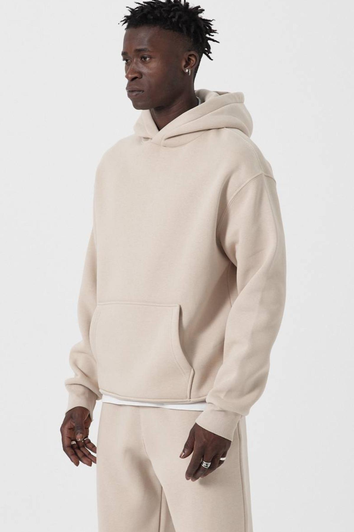 Wholesale Men Light Beige Hoodie with Kangaroo Pocket 739200