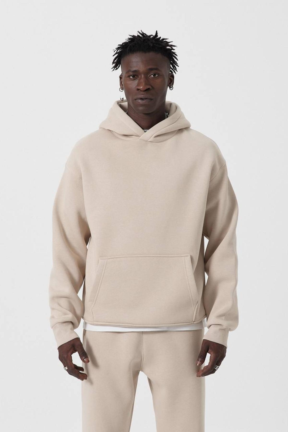 Wholesale Men Light Beige Hoodie with Kangaroo Pocket 739200