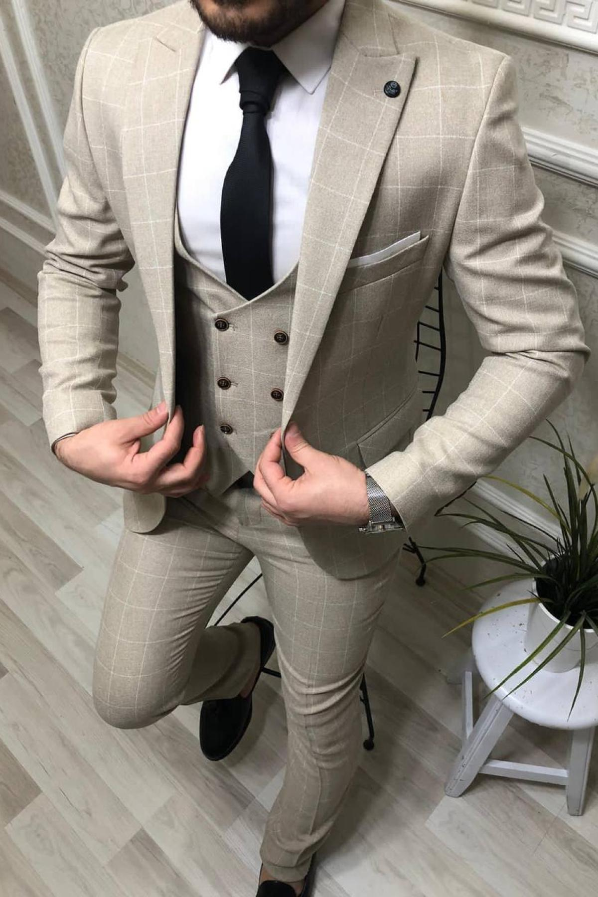 Wholesale Men Light Beige Plaid Three Piece Suits Blazer Vest and Trousers 714445