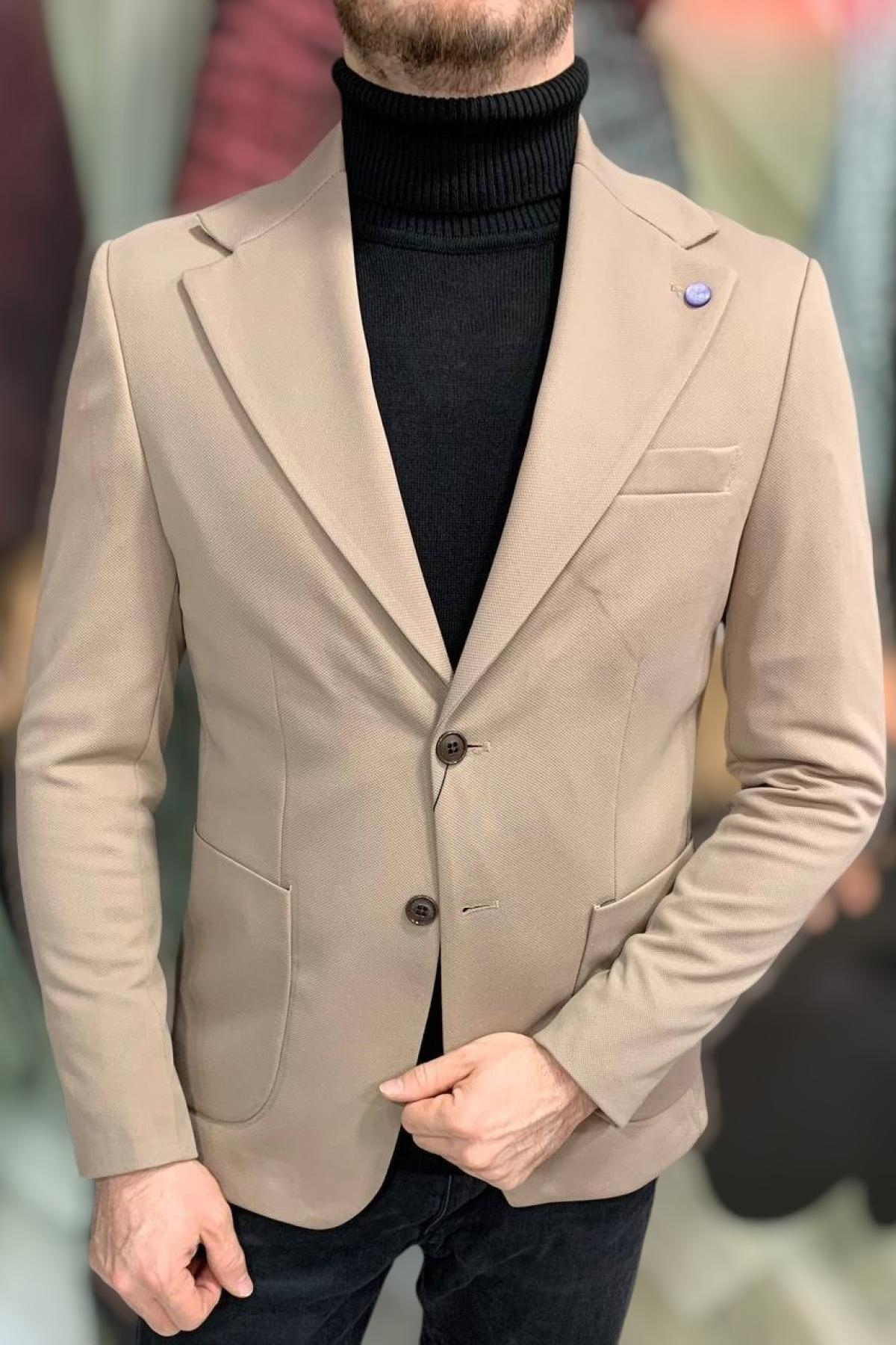Wholesale Men Light Beige Single Breasted Blazer Jacket 720208