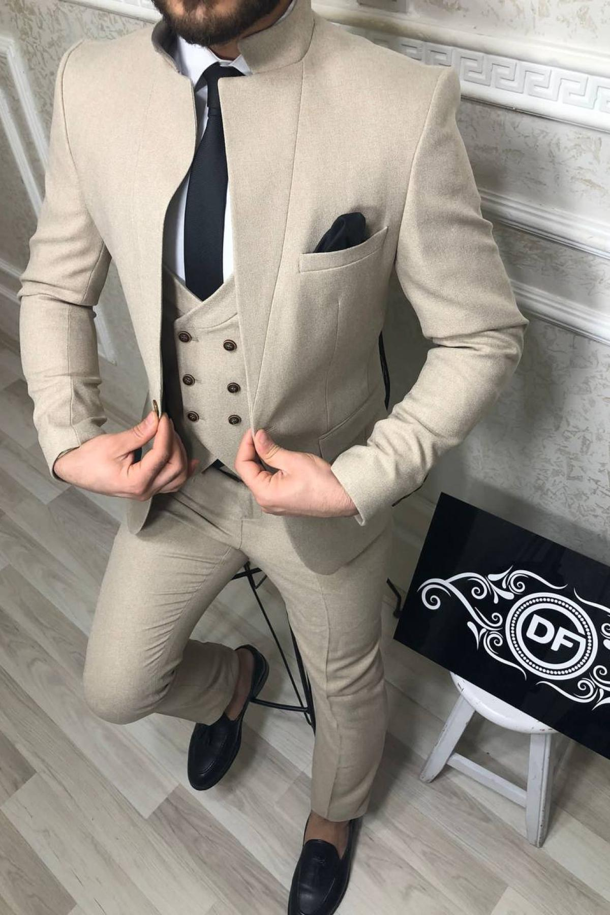 Wholesale Men Light Beige Three Piece Suits Blazer Vest and Trousers 714438