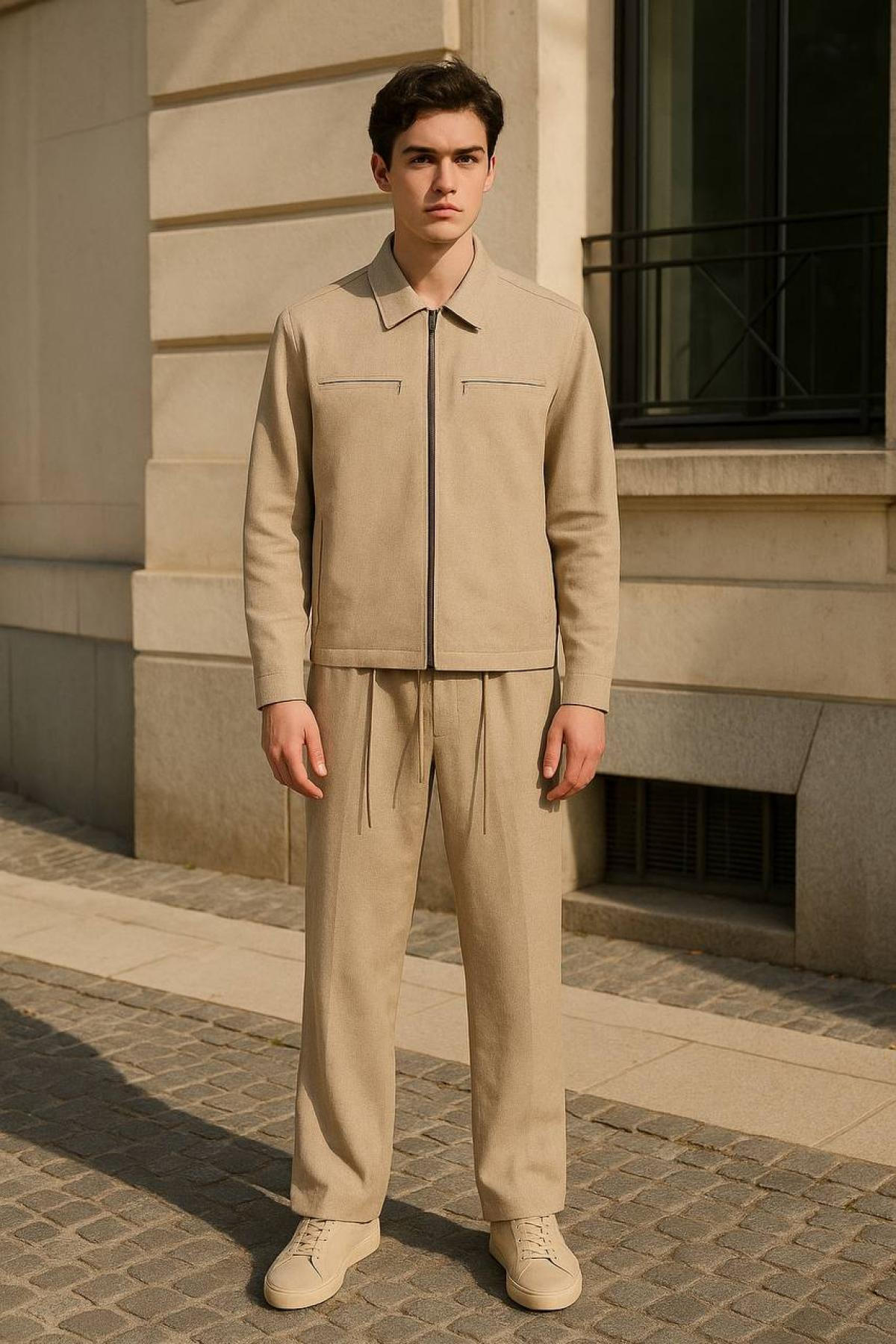 Wholesale Men Light Beige Zip-Up Tracksuit Set 738237