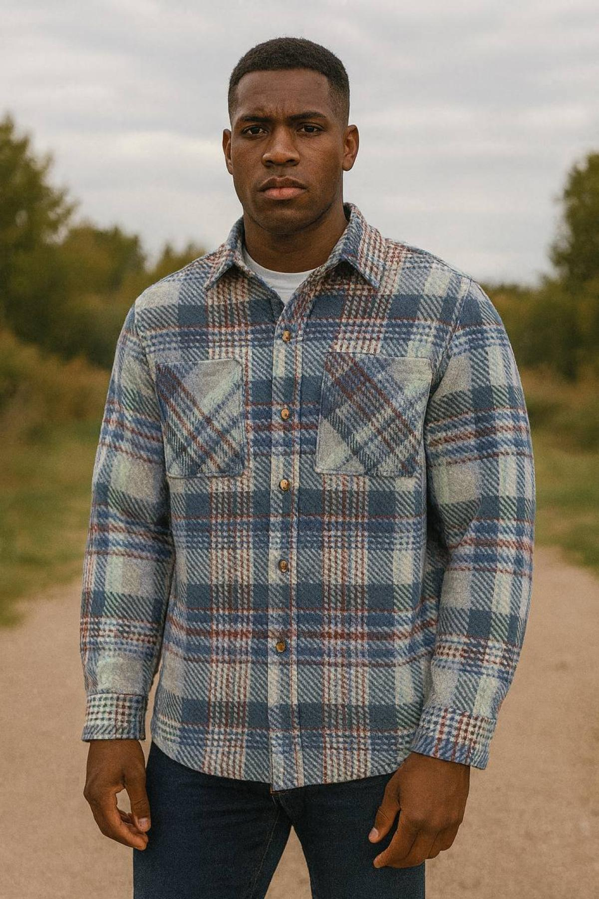 Wholesale Men Light Blue Plaid Shirt 738253