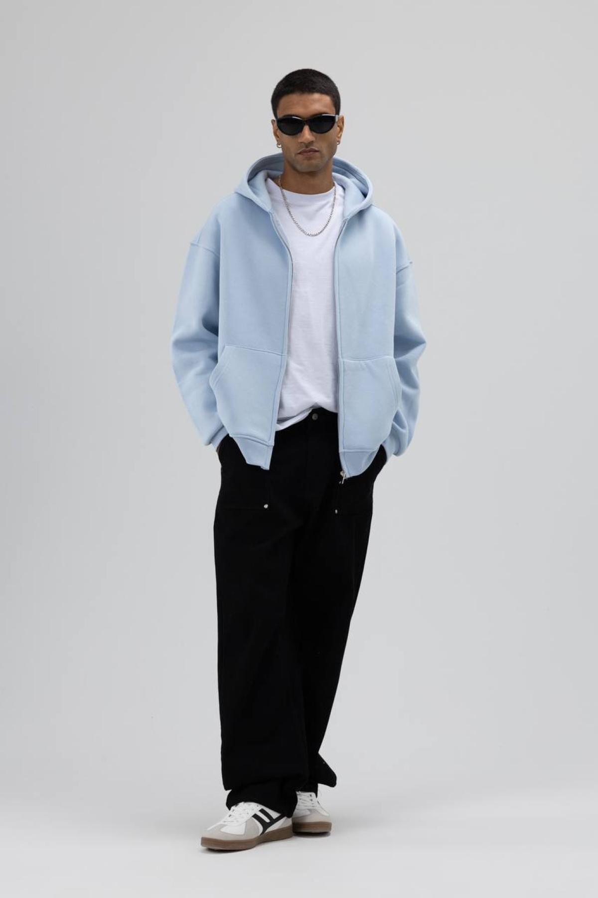 Wholesale Men Light Blue Zip-Up Hoodie 739103