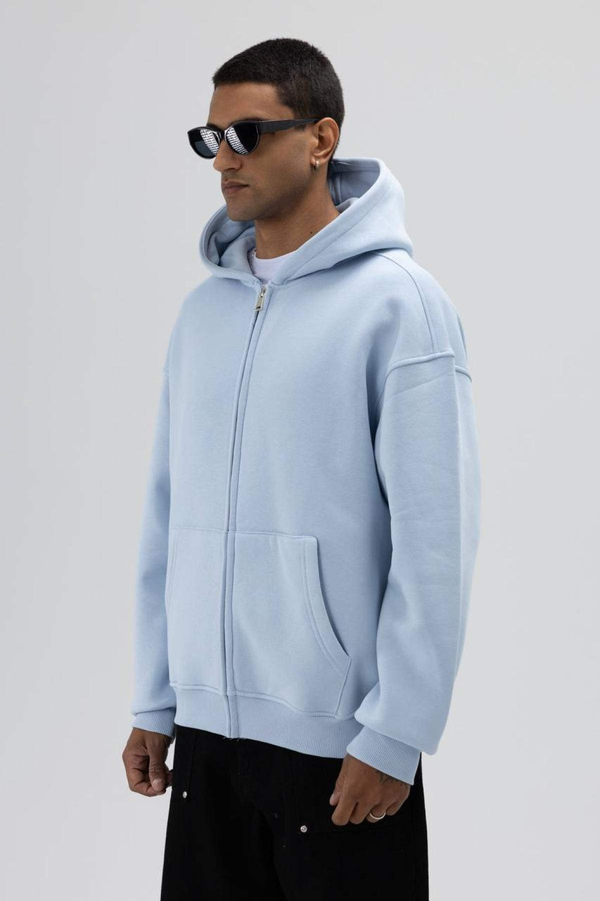 Wholesale Men Light Blue Zip-Up Hoodie 739103