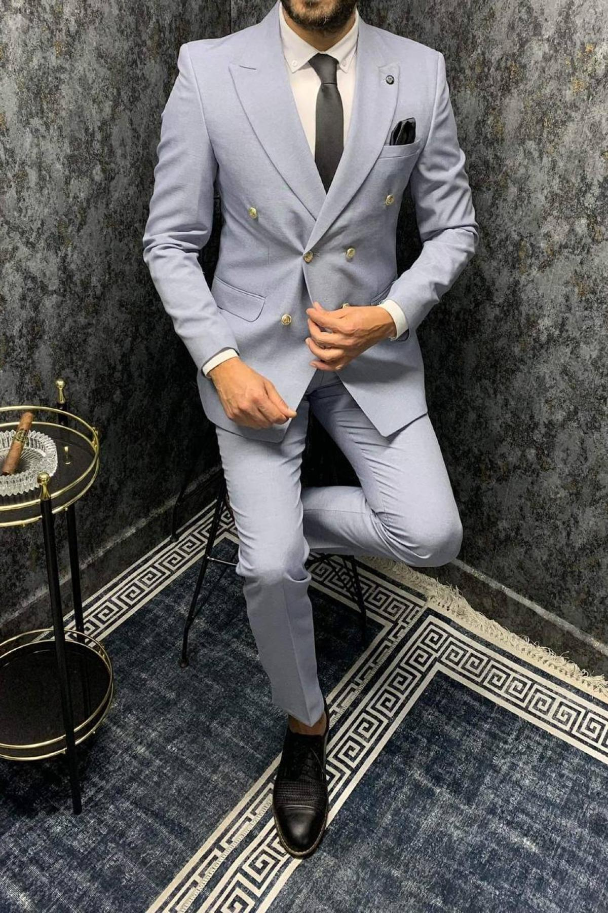 Wholesale Men Light Gray Two Piece Suits Plus Size Blazer and Trousers 709005