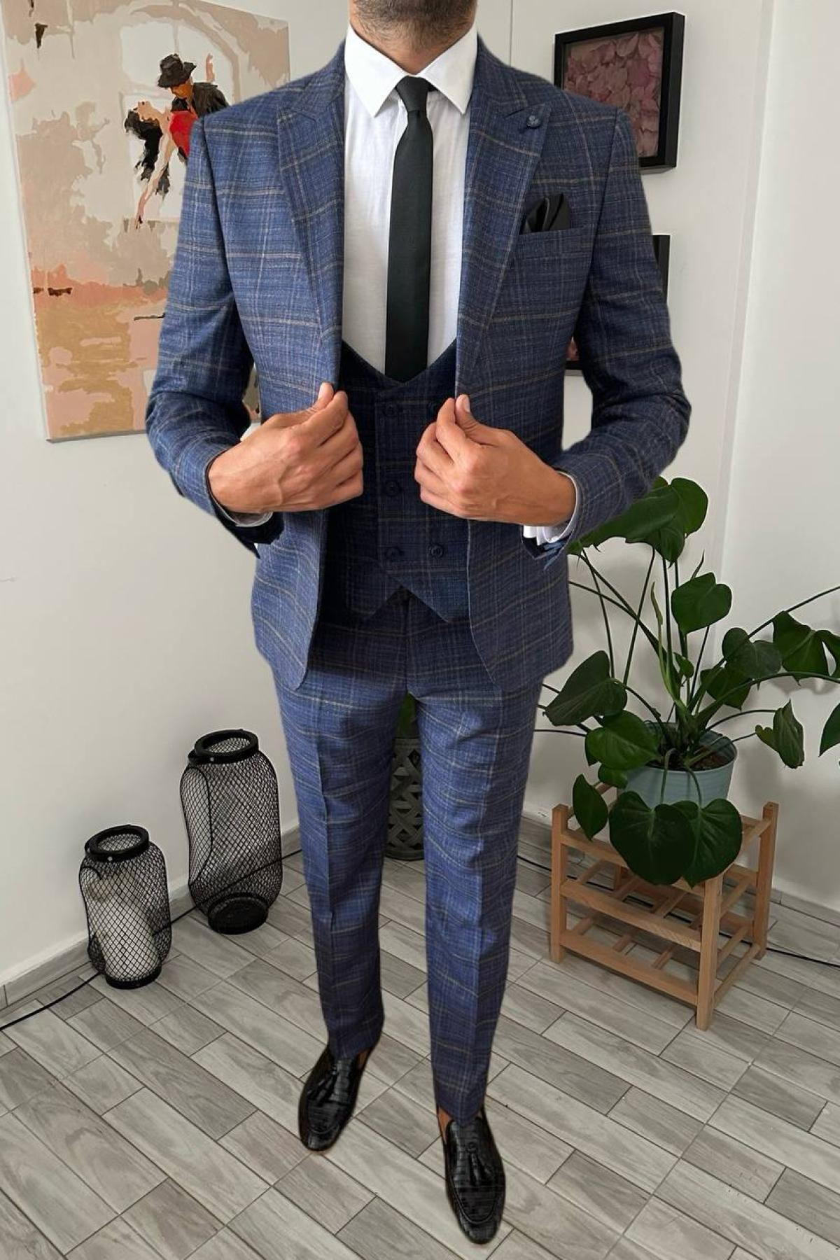 Wholesale Men Navy Blue Plaid Three Piece Suits Blazer Vest and Trousers 708920
