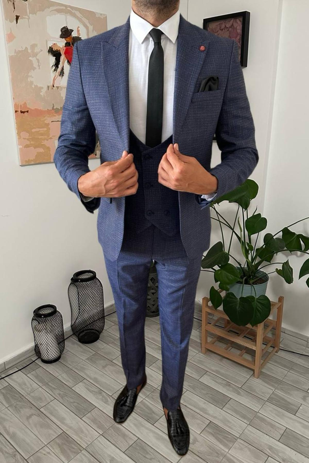 Wholesale Men Navy Blue Plaid Three Piece Suits Blazer Vest and Trousers 708913