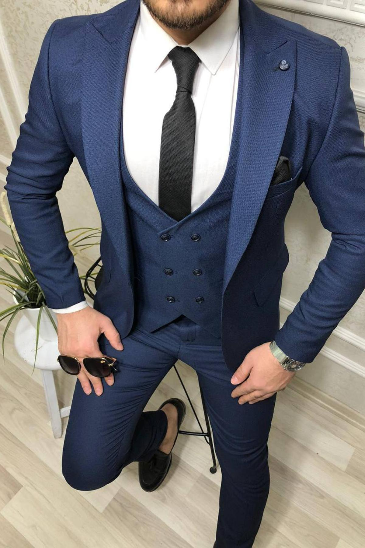 Wholesale Men Navy Blue Three Piece Suits Blazer Vest and Trousers 708569