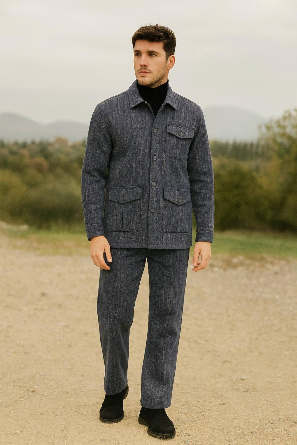 Wholesale Men Navy Button-Up Tracksuit Set with Flap Pockets 738267