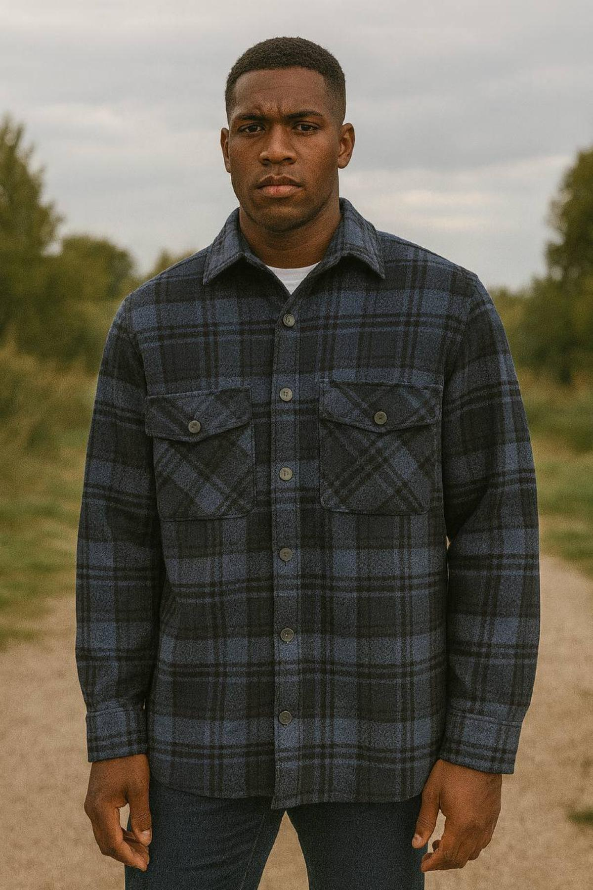 Wholesale Men Navy Plaid Shirt 738258