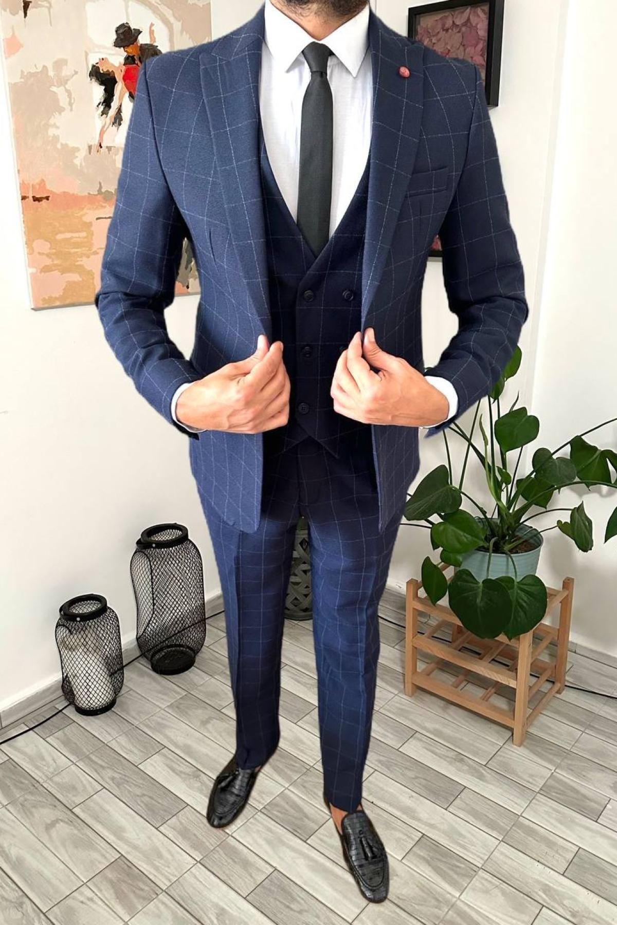 Wholesale Men Navy Plaid Three Piece Suits Blazer Vest and Trousers 714440