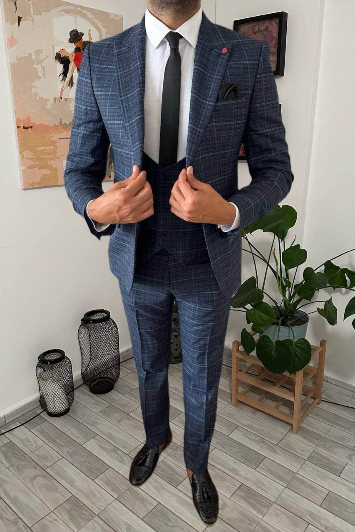 Wholesale Men Navy Plaid Three Piece Suits Blazer Vest and Trousers 708919