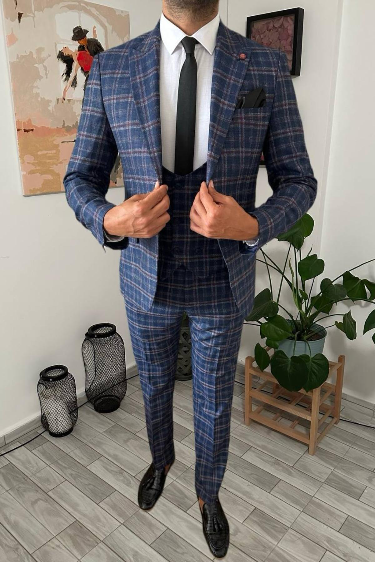 Wholesale Men Navy Plaid Three Piece Suits Blazer Vest and Trousers 708925