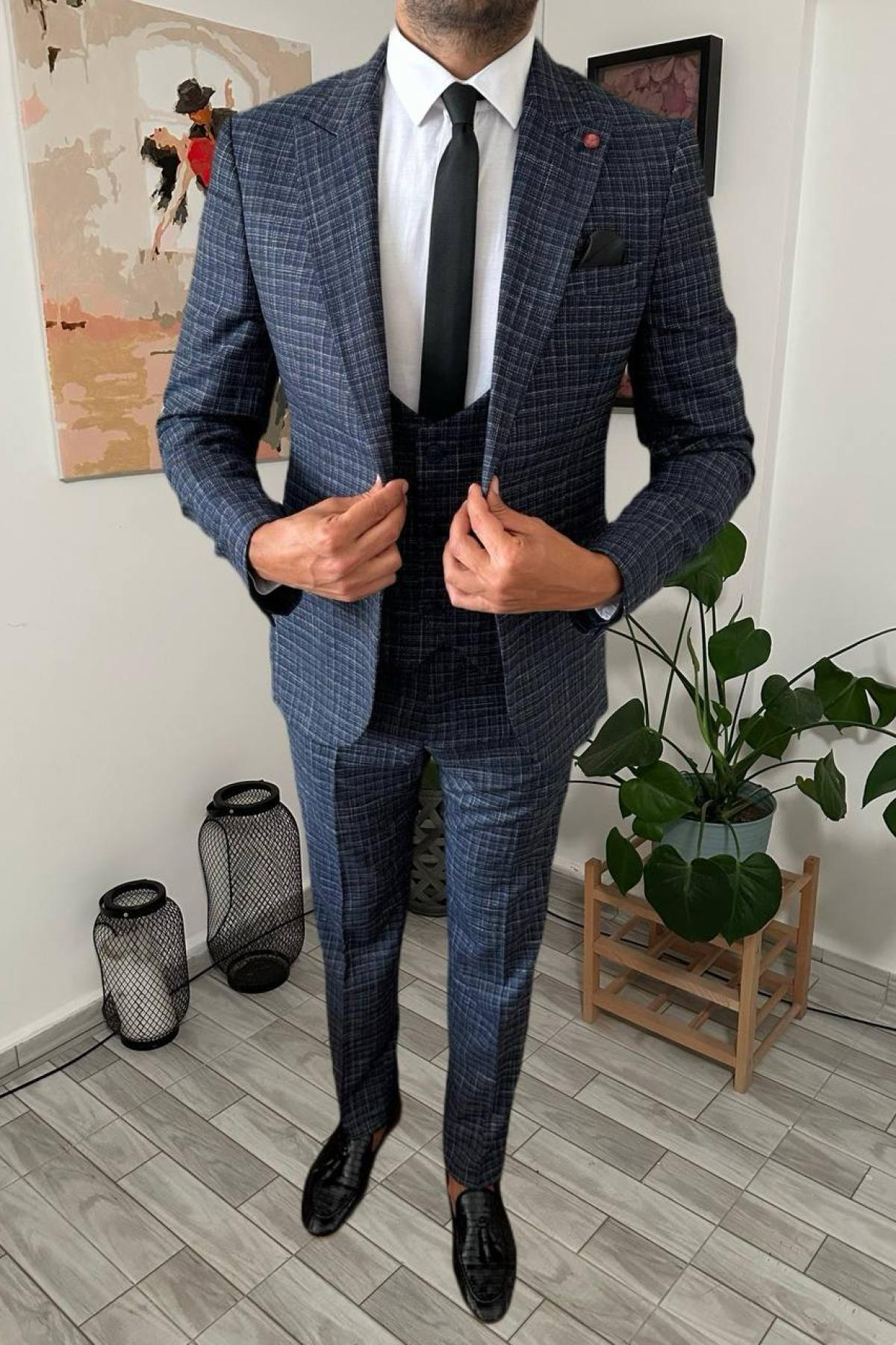 Wholesale Men Navy Plaid Three Piece Suits Blazer Vest and Trousers 708906