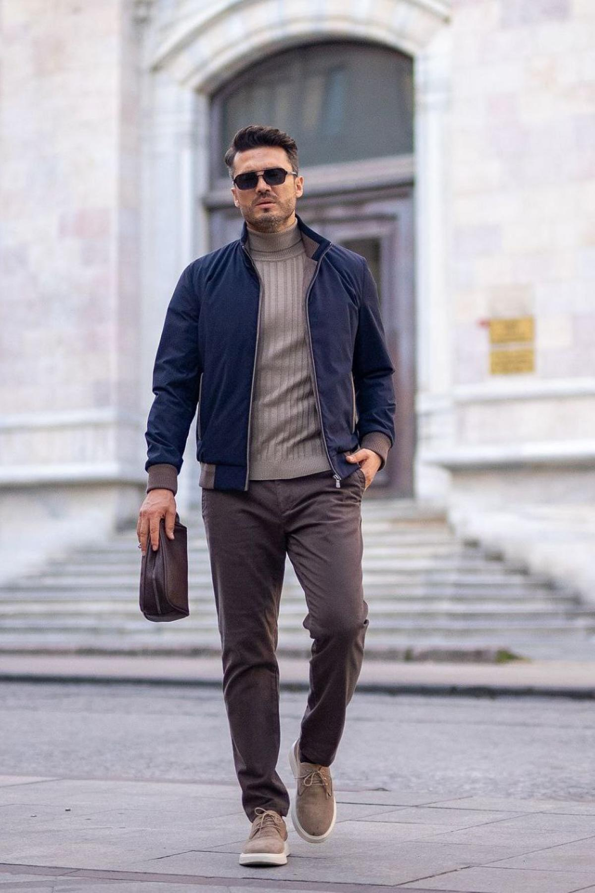 Wholesale Men Navy Ribbed Bomber Jacket 738178