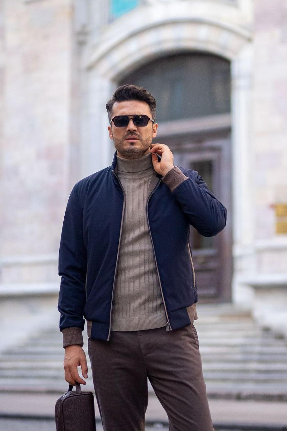 Wholesale Men Navy Ribbed Bomber Jacket 738178