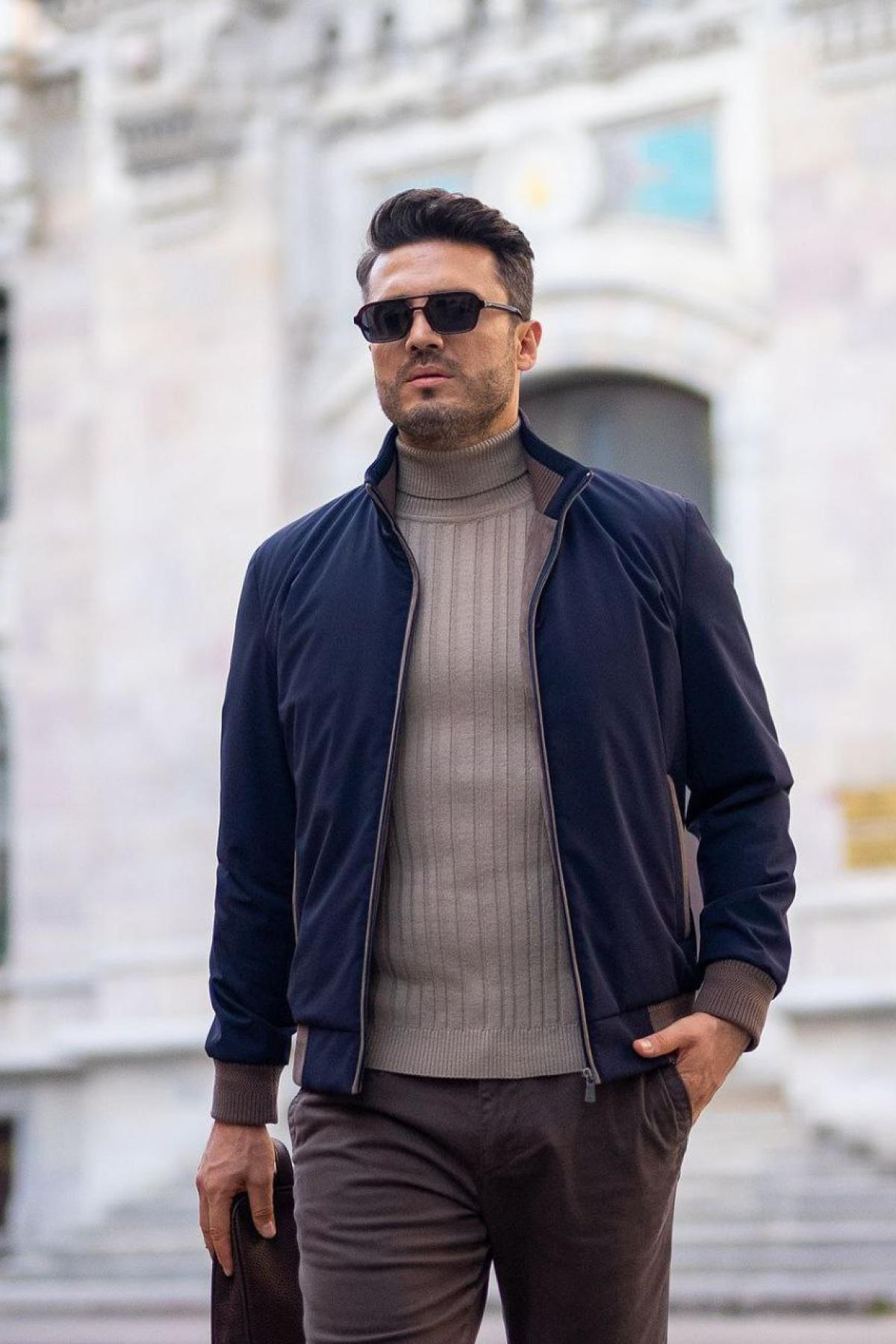 Wholesale Men Navy Ribbed Bomber Jacket 738178