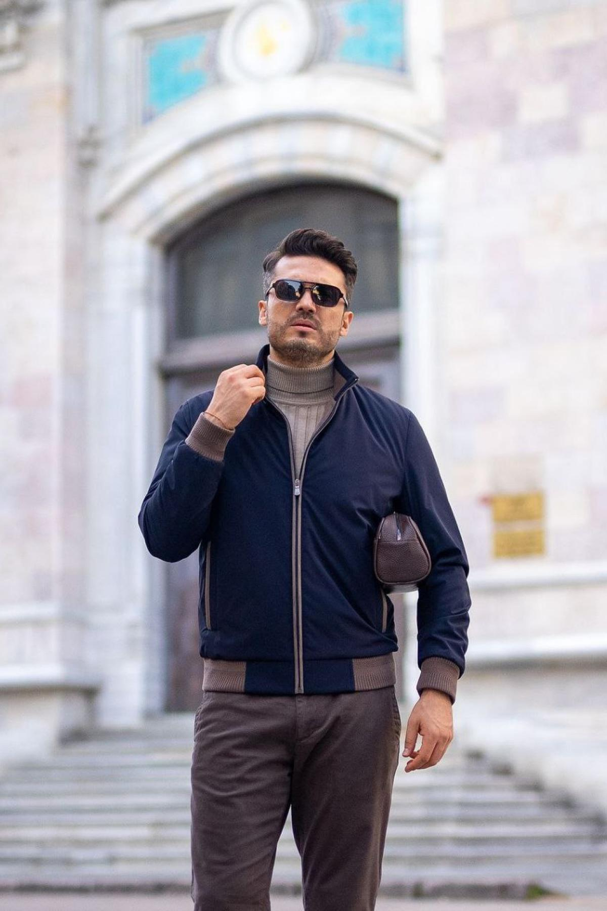 Wholesale Men Navy Ribbed Bomber Jacket 738178