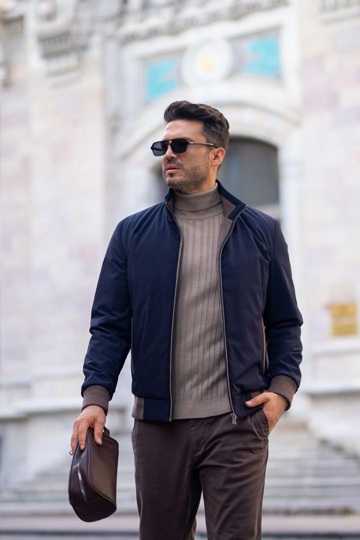 Wholesale Men Navy Ribbed Bomber Jacket 738178