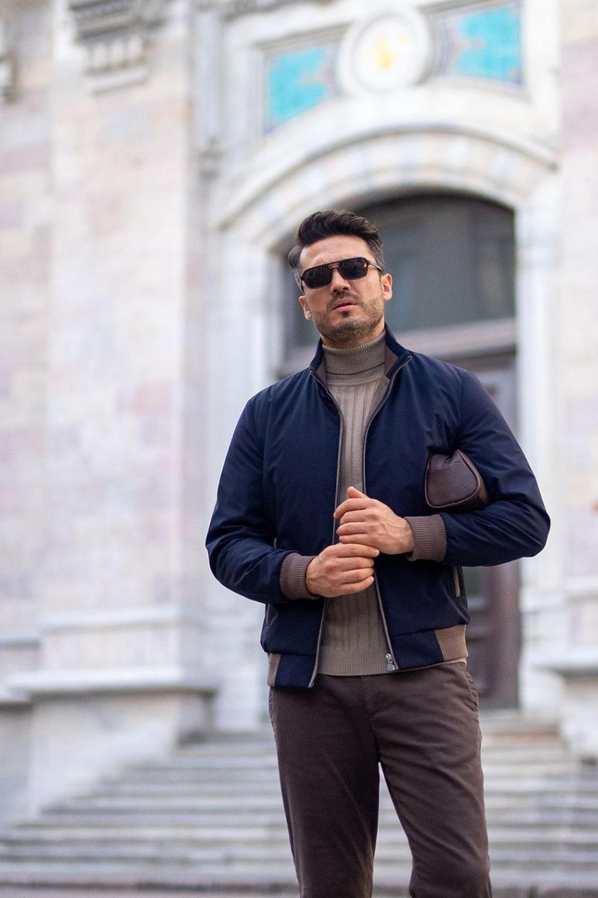 Wholesale Men Navy Ribbed Bomber Jacket 738178