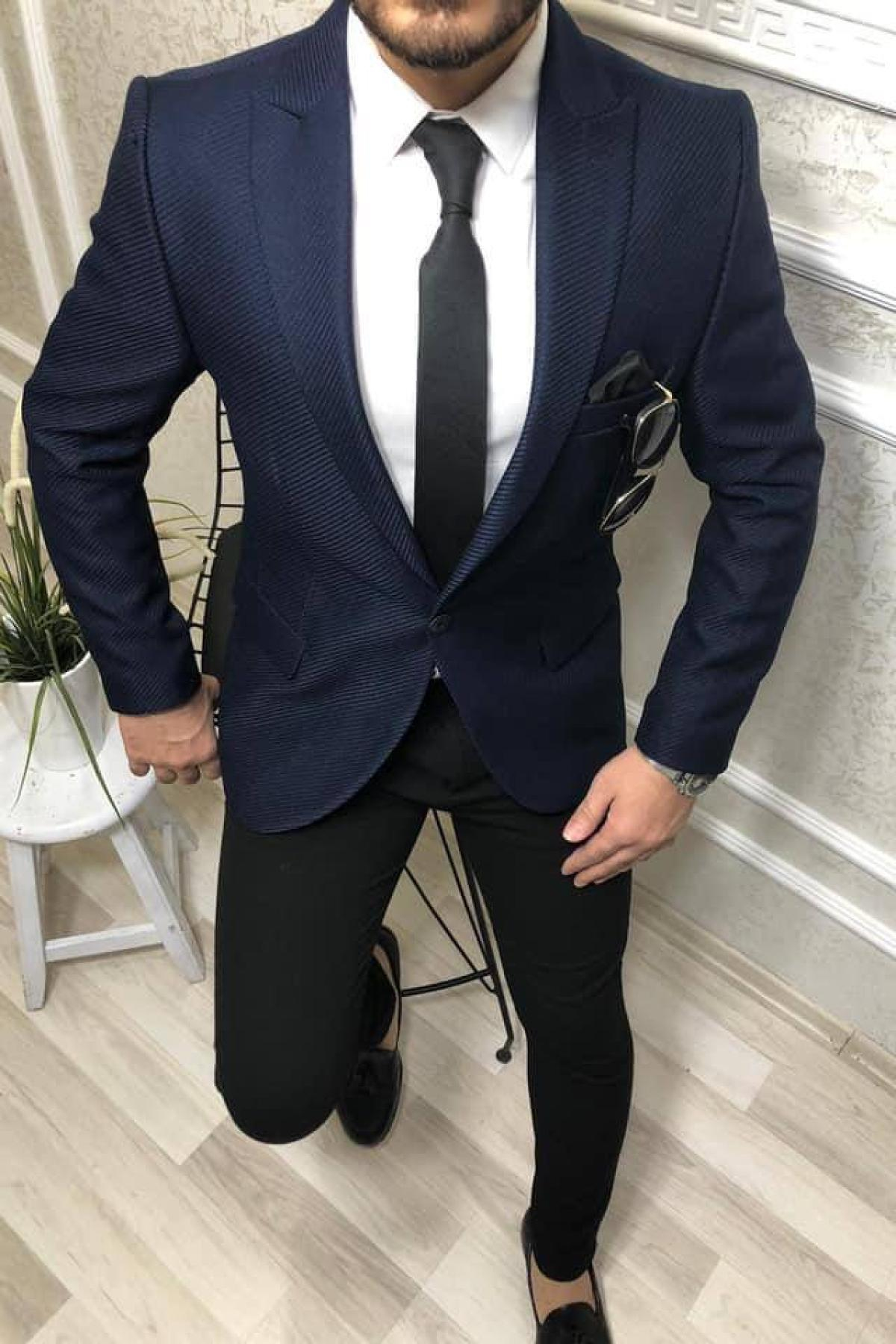 Wholesale Men Navy Single Breasted Blazers 709008