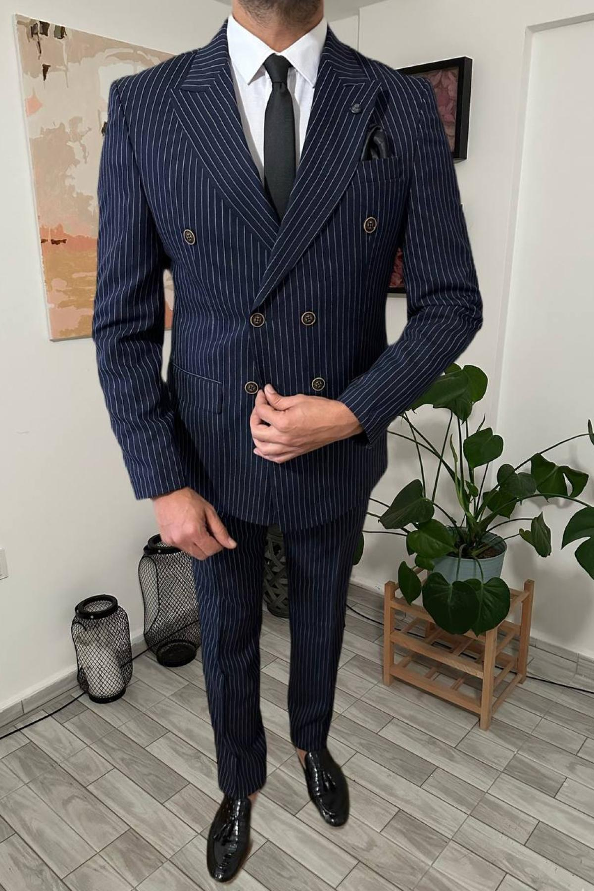 Wholesale Men Navy Striped Two Piece Suits Blazer and Trousers 708744