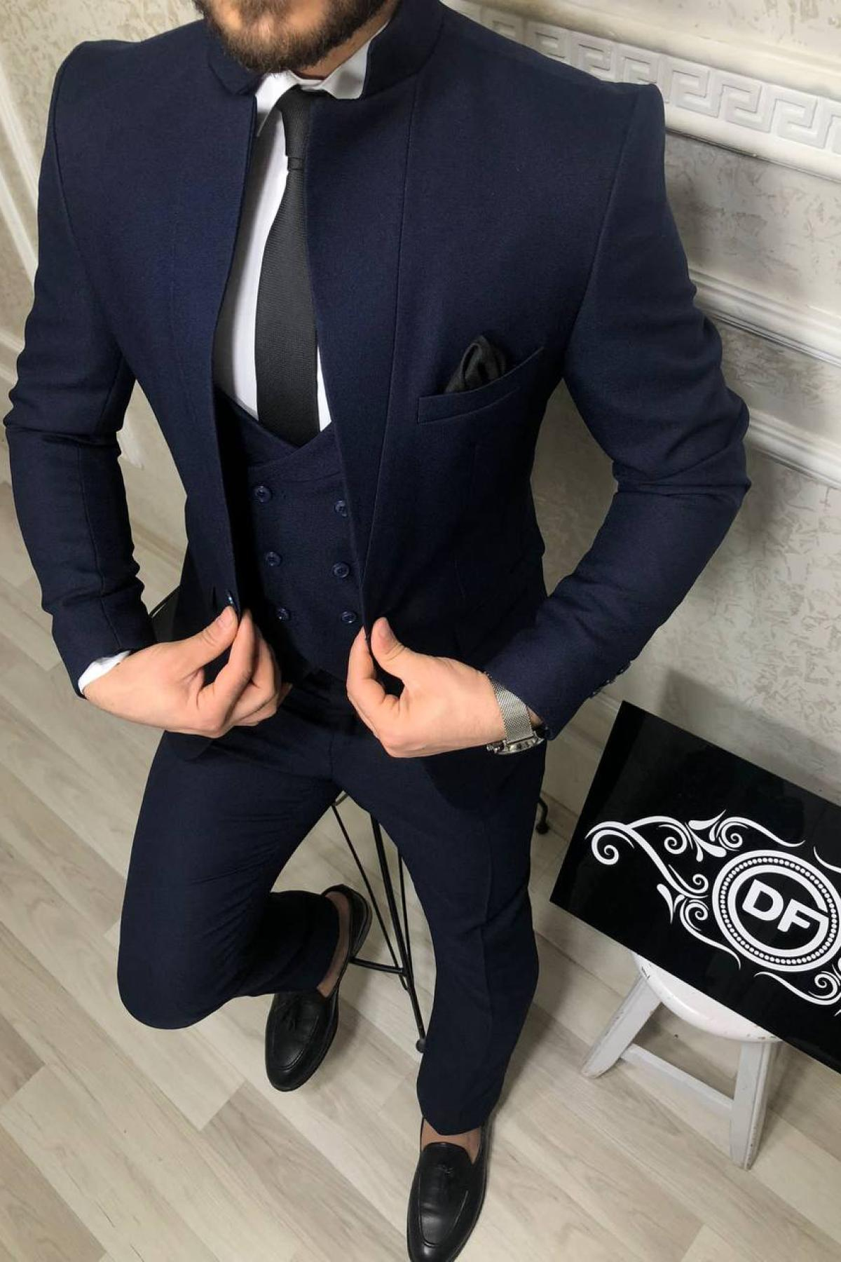 Wholesale Men Navy Three Piece Suits Blazer Vest and Trousers 714433