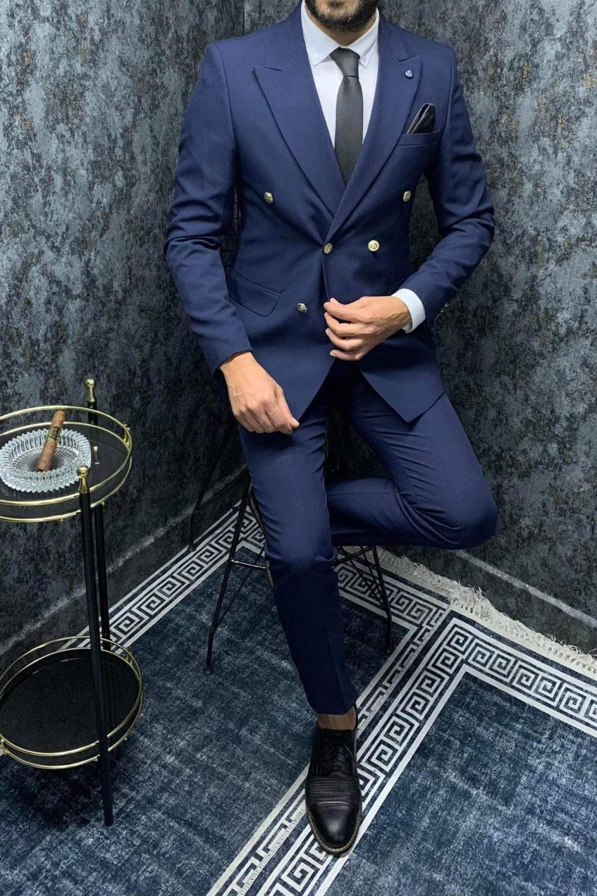 Wholesale Men Navy Two Piece Suits Plus Size Blazer and Trousers 709003