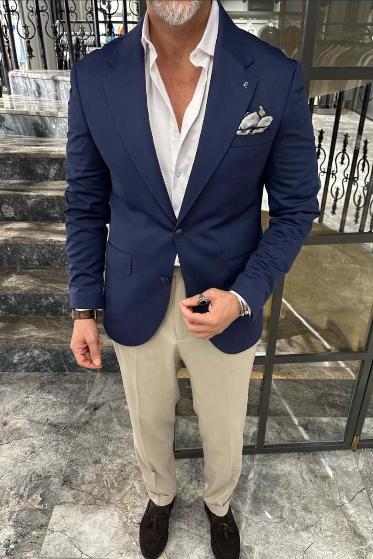 Wholesale Men Navy Wide Notched Collar Jacket 731387