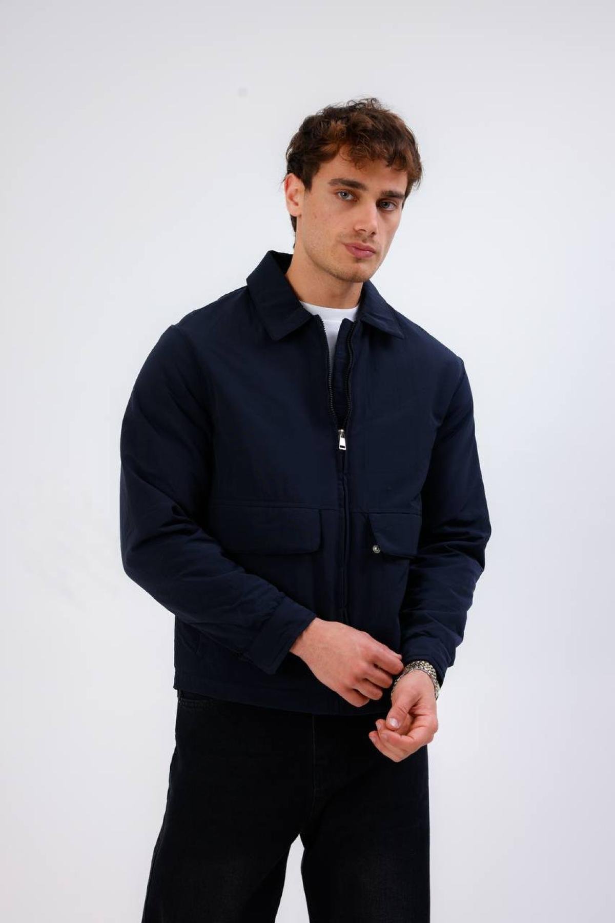 Wholesale Men Navy Zippered Jacket With Pocket Detail 739170