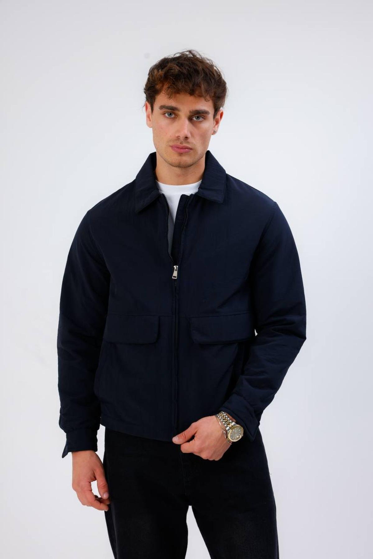 Wholesale Men Navy Zippered Jacket With Pocket Detail 739170