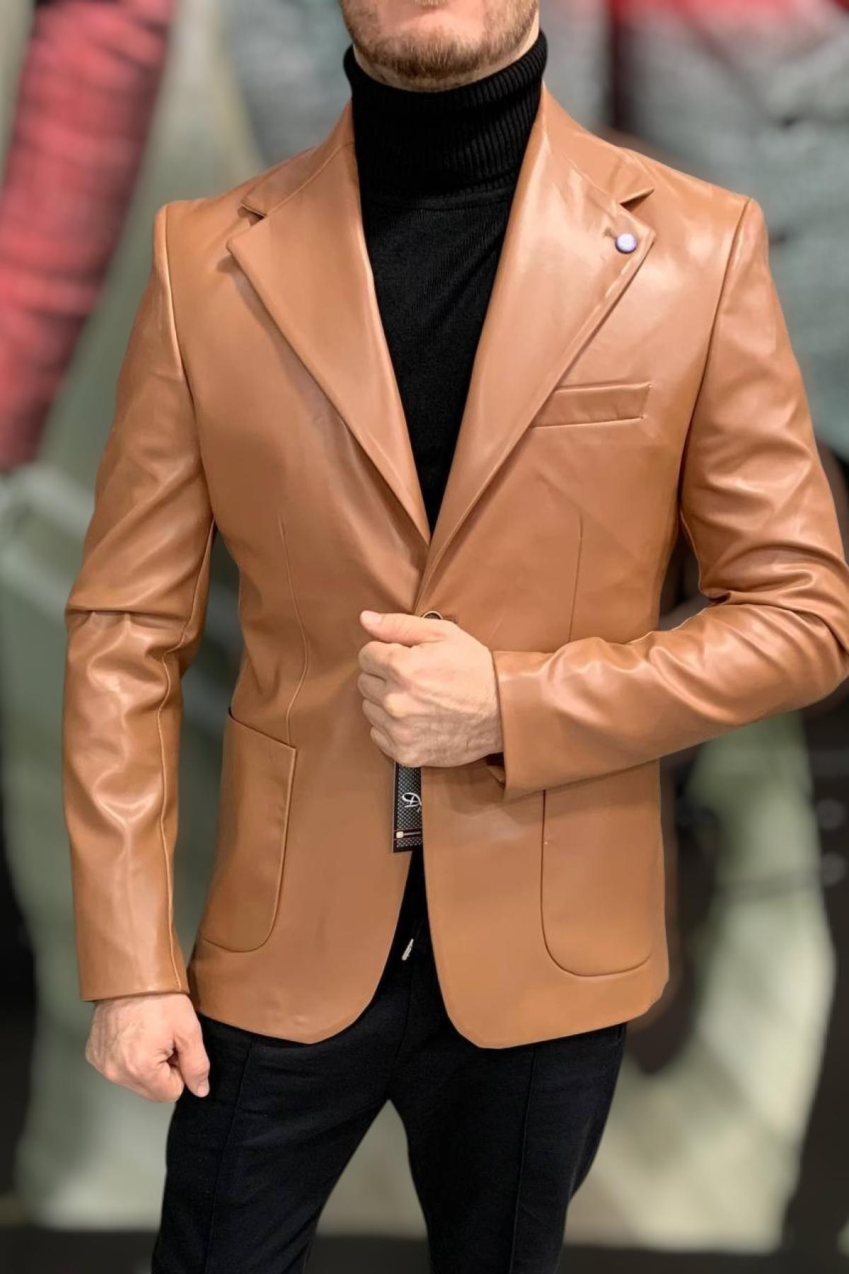 Wholesale Men Ochre Leather Jacket 720181