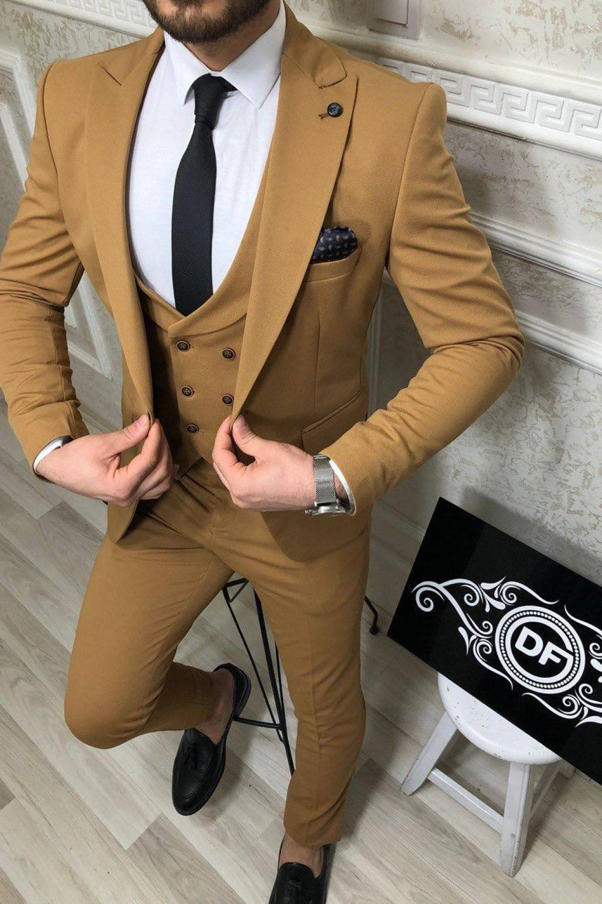 Wholesale Men Ochre Three Piece Suits Blazer Vest and Trousers 714583