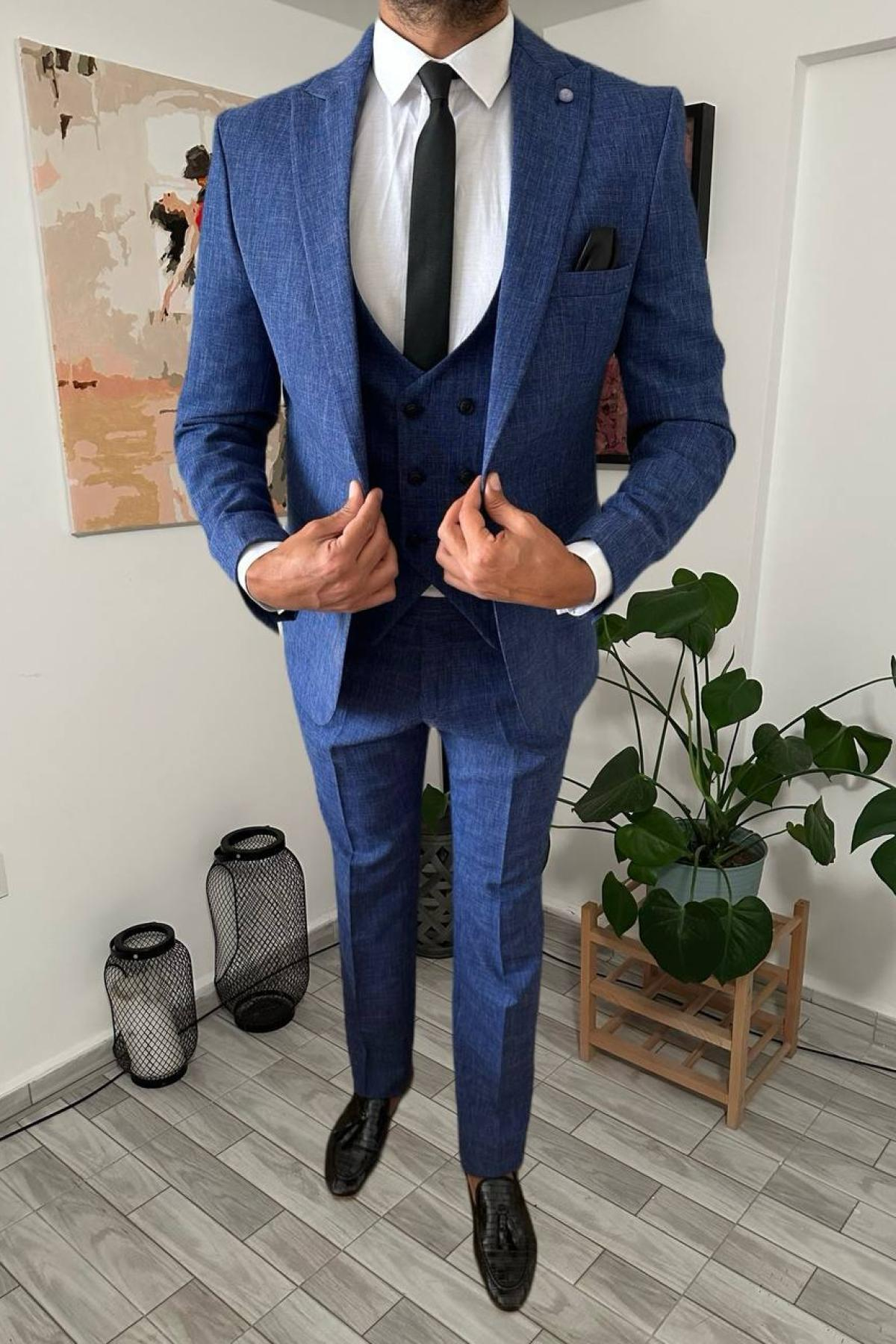 Wholesale Men Parliament Blue Three Piece Suits Plus Size Blazer Vest and Trousers 708946