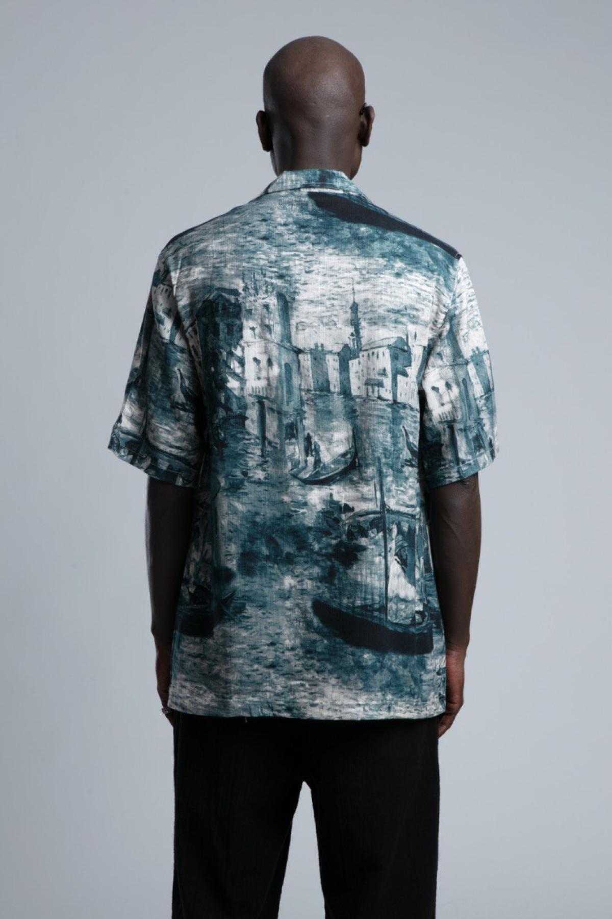Wholesale Men Petrol Printed Short Sleeve Shirt 729982